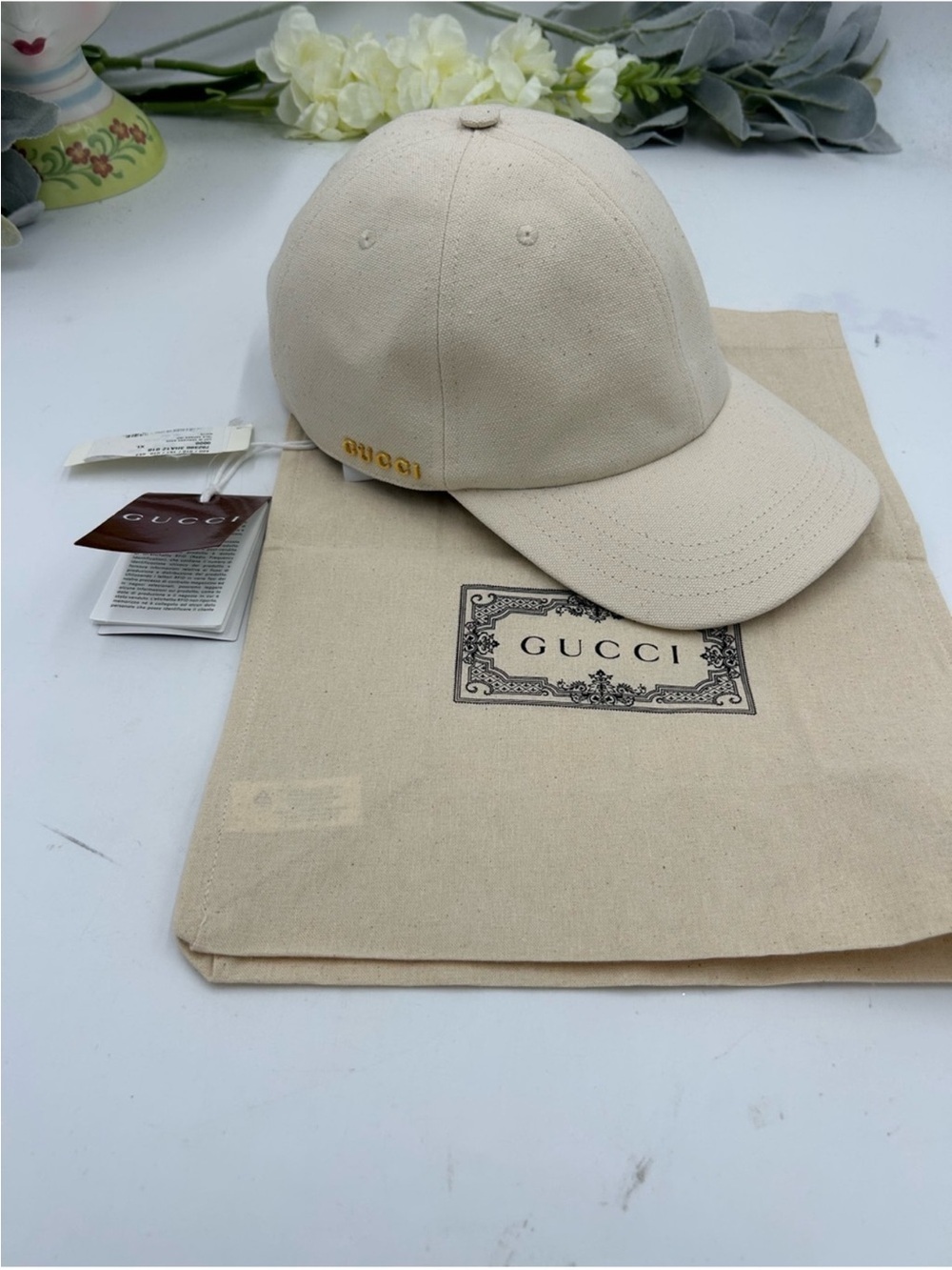 Unisex, Gucci, gold logo, cream canvas, baseball cap size XL made in Italy